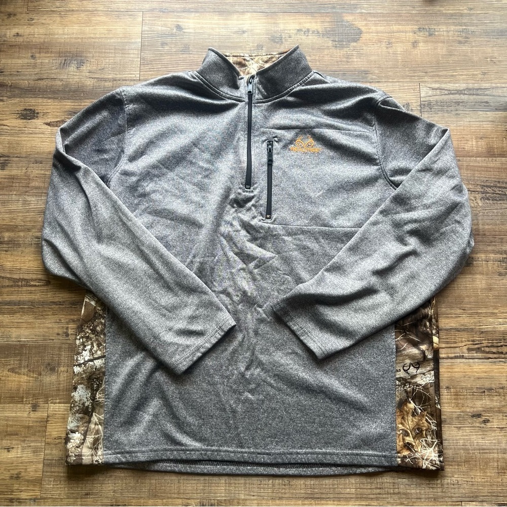 Realtree Mens Gray Camo Trim 1/4 Zip Pullover Sweater Hunting Outdoors Size XL